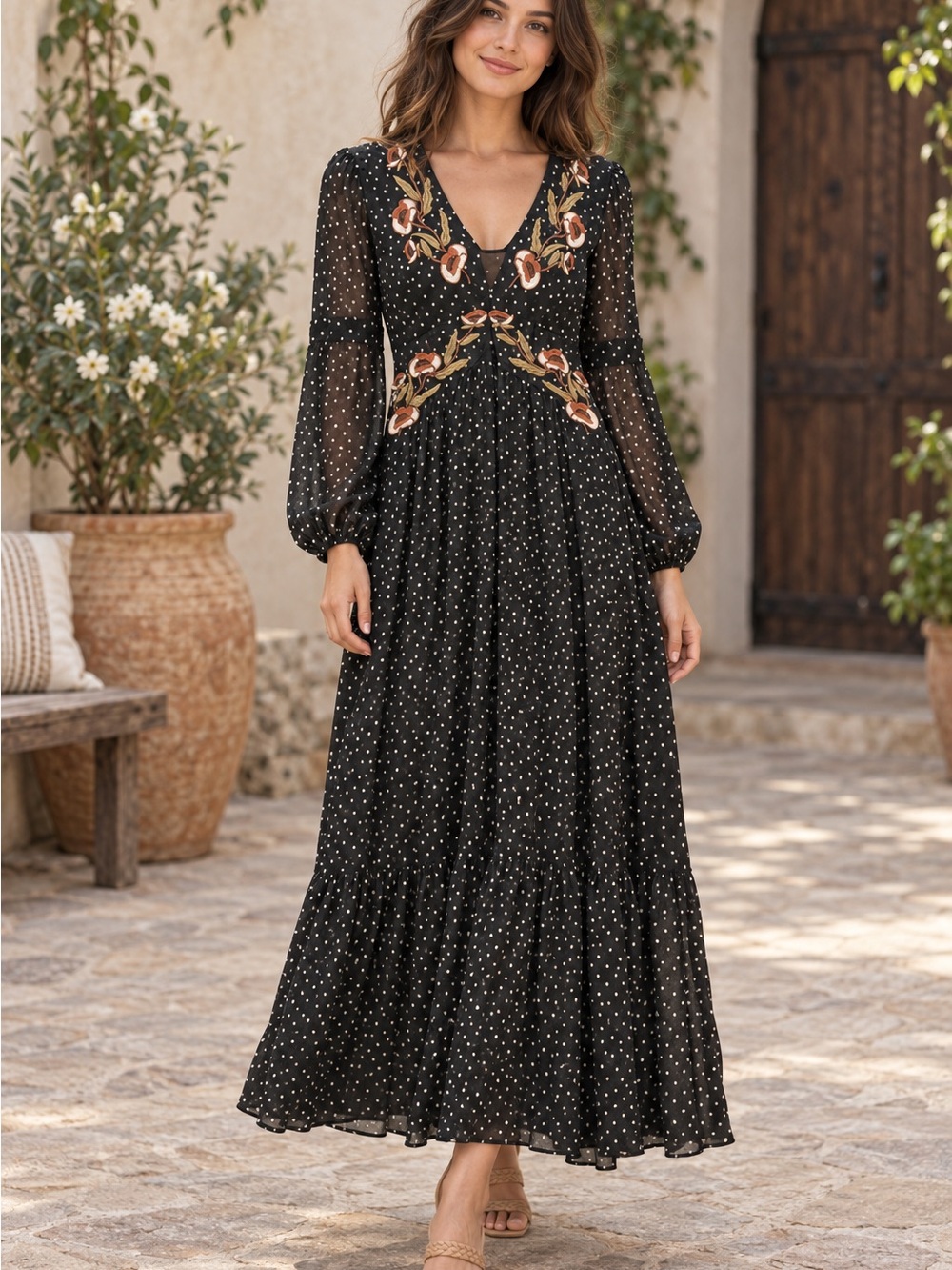 Rusttydustty Black Polka Dot Maxi Dress with Floral Embroidery (090989) ☀️ 🌼